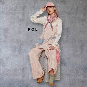 POL Farmers Suspender Overalls Wide Leg Floral Patchwork Denim Bib Overalls